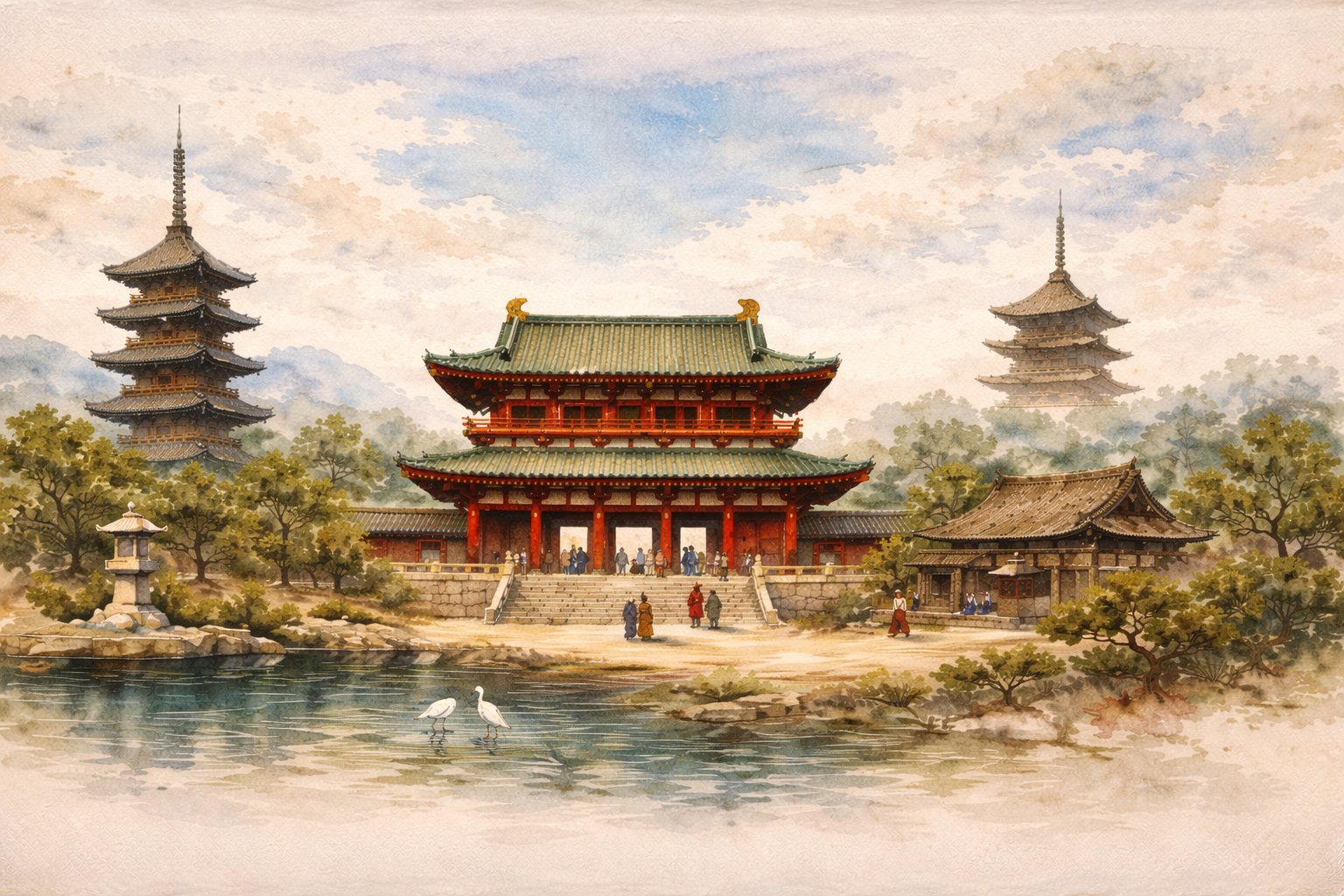 羅城門の左右に東寺と西寺が並ぶ平安京の水彩画